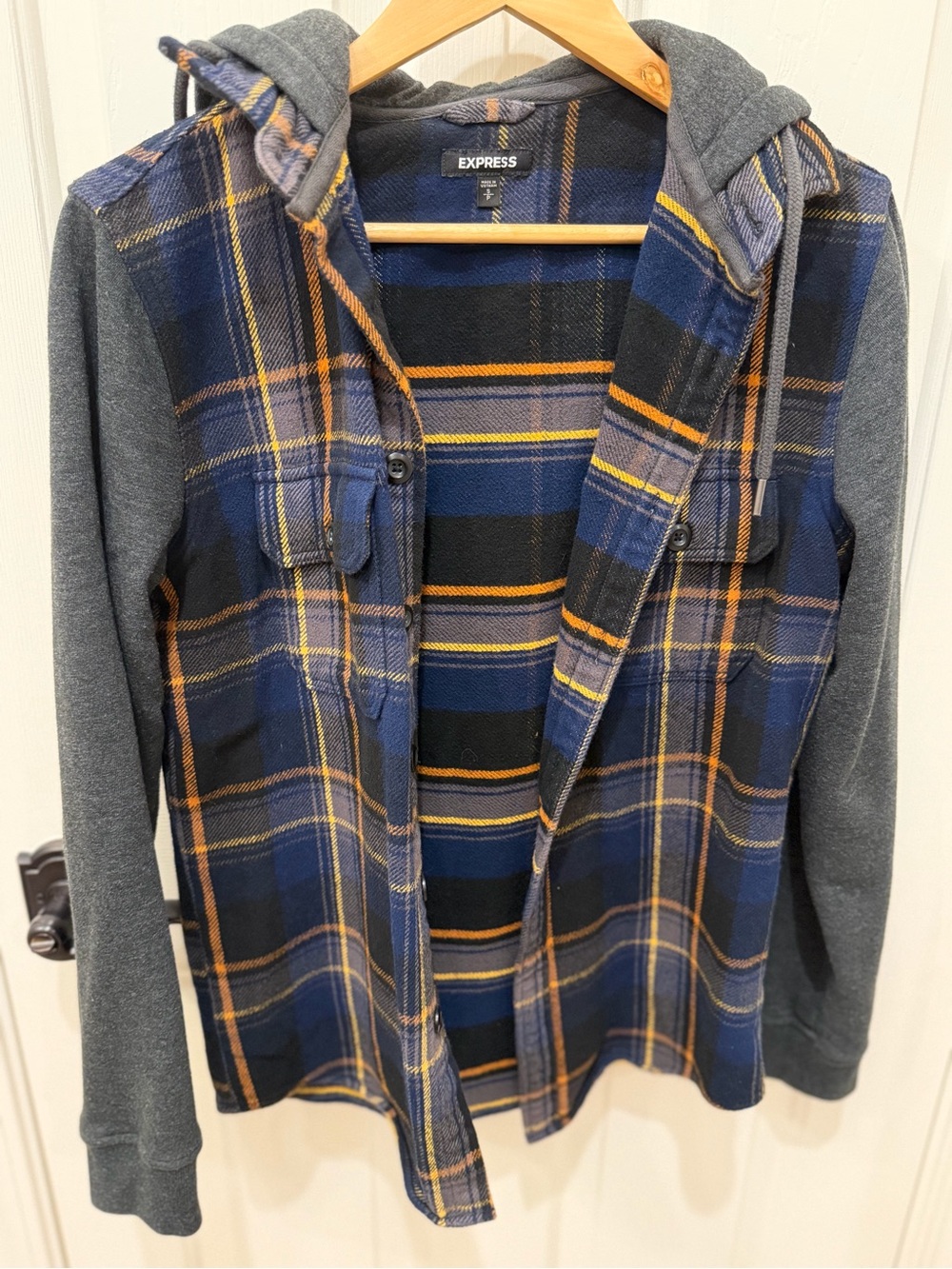 Express Plaid Hooded Shacket in Navy, Black & Yellow